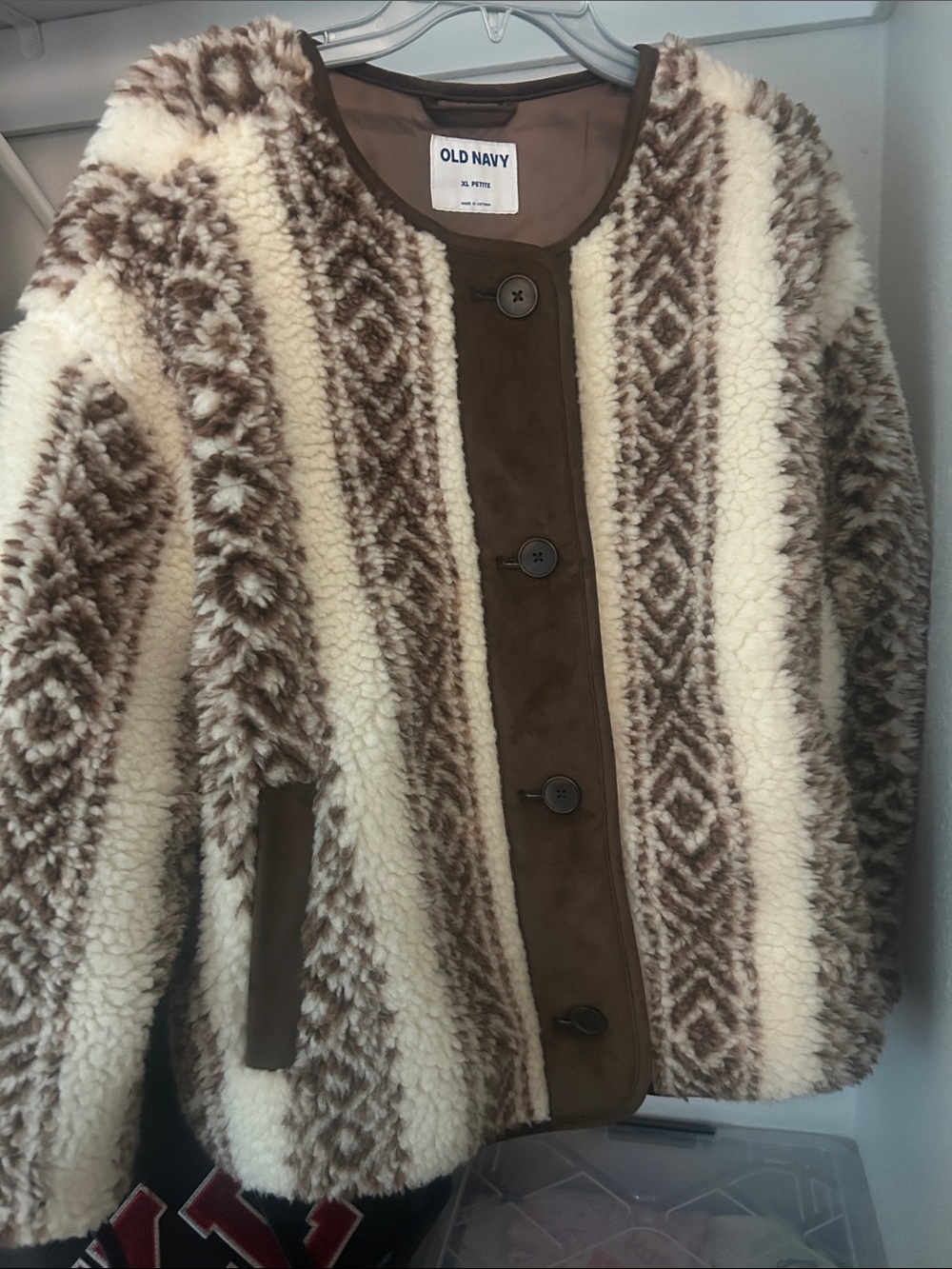 Old Navy Cream and Brown Patterned Sherpa Jacketold navy